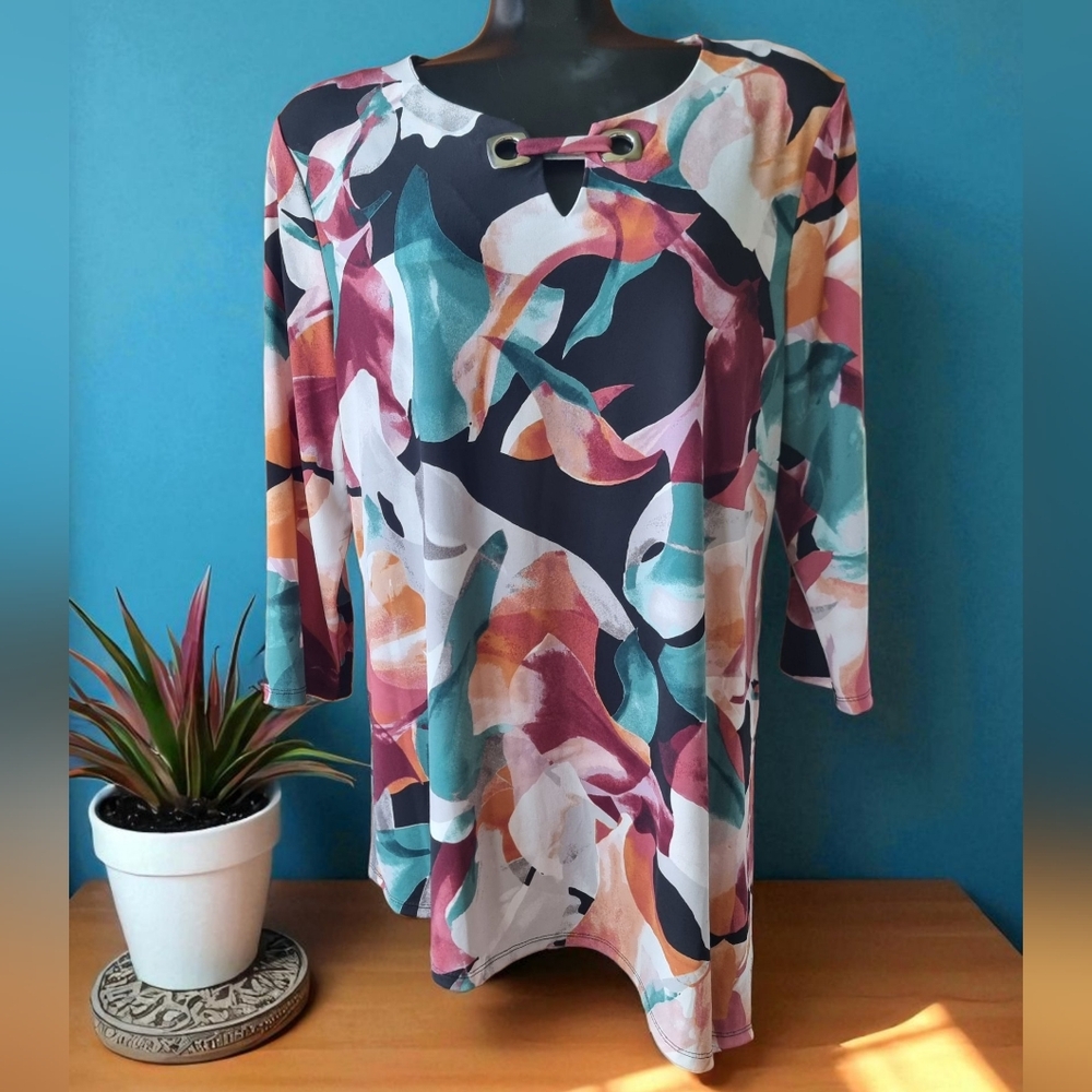 JM Collection Asymetric Multicolor Abstract Women's Tunic Top Sz L